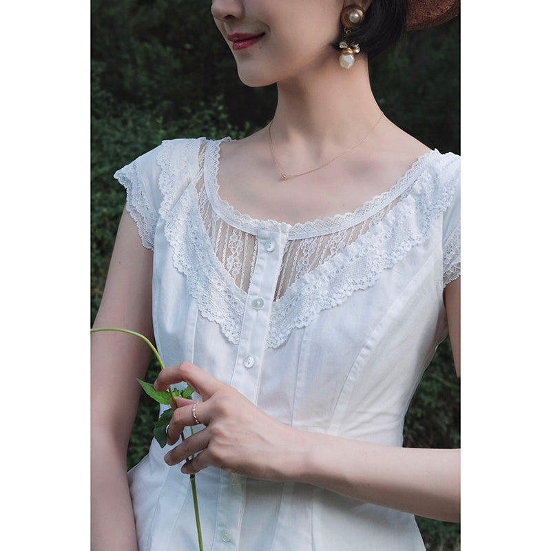 Pure white embroidered flare French blouse