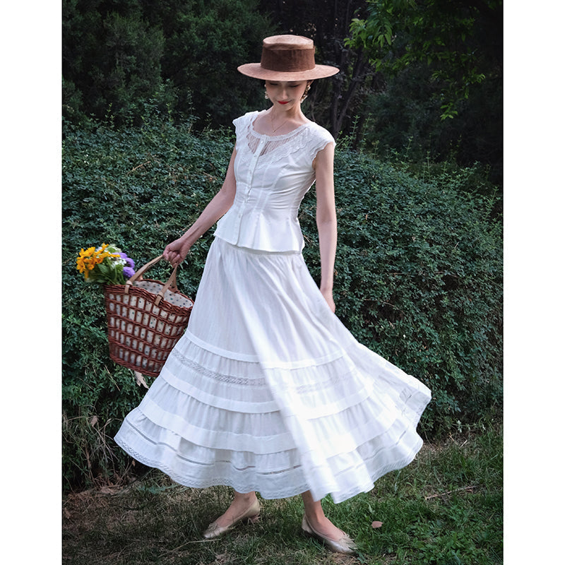 Pure white embroidered flare French blouse