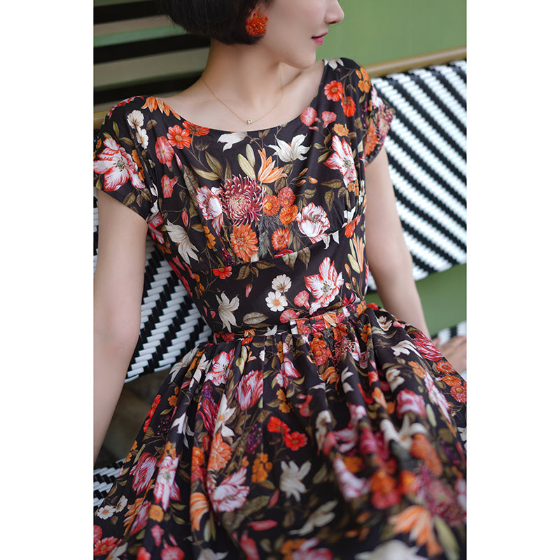 Retro flower sketch wide neck dress