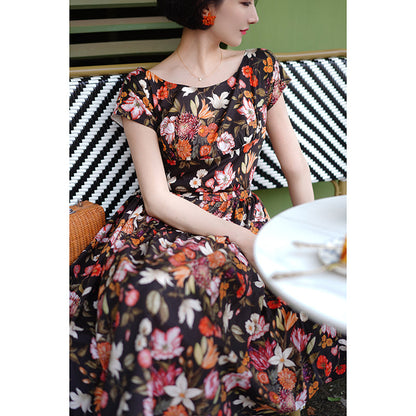 Retro flower sketch wide neck dress