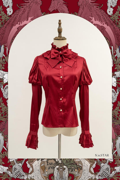 Nn Star - Dragonbone Lily - Gothic Lolita Satin Shirt with Vintage Julie Sleeves