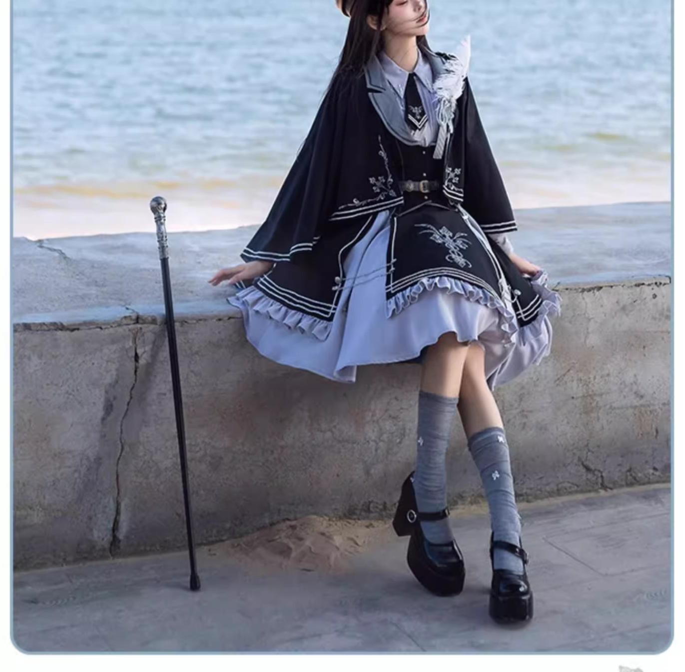 CHUNLV LOLITA - Dark Night Contract - Blue Military Lolita Dress Suit Skirt Elegant OP Cape