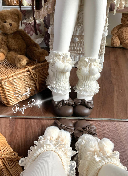 Roji Roji - Kawaii Lolita Wool Leg Warmers, Pom-Pom Accented Bow
