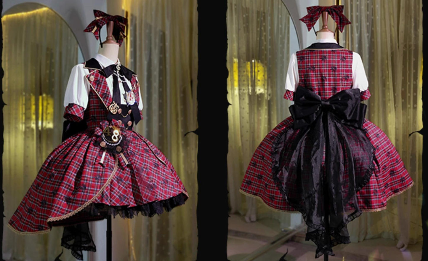 Forest Fluorescent Carps - IP Collab Sweet Lolita Performance Outfit Red Plaid JSK Full Set