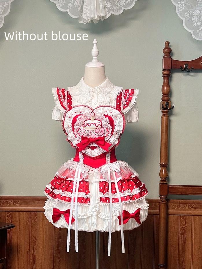 Shuang Sheng Xiao Xiong - Bite The Cake - Sweet Lolita Dress, Red & White Polka Dots