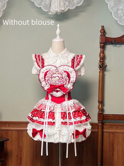 Shuang Sheng Xiao Xiong - Bite The Cake - Sweet Lolita Dress, Red & White Polka Dots