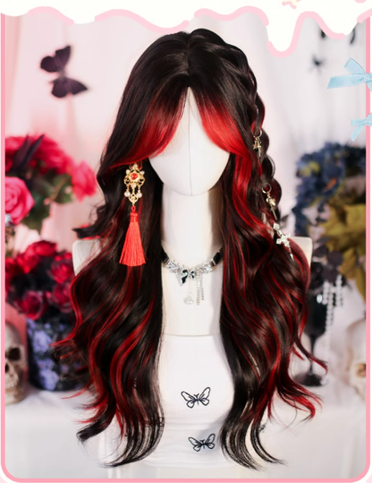 Dalao Home - Bathing Flames - Black Gothic Lolita Wig Red-black Highlighted Long Hair