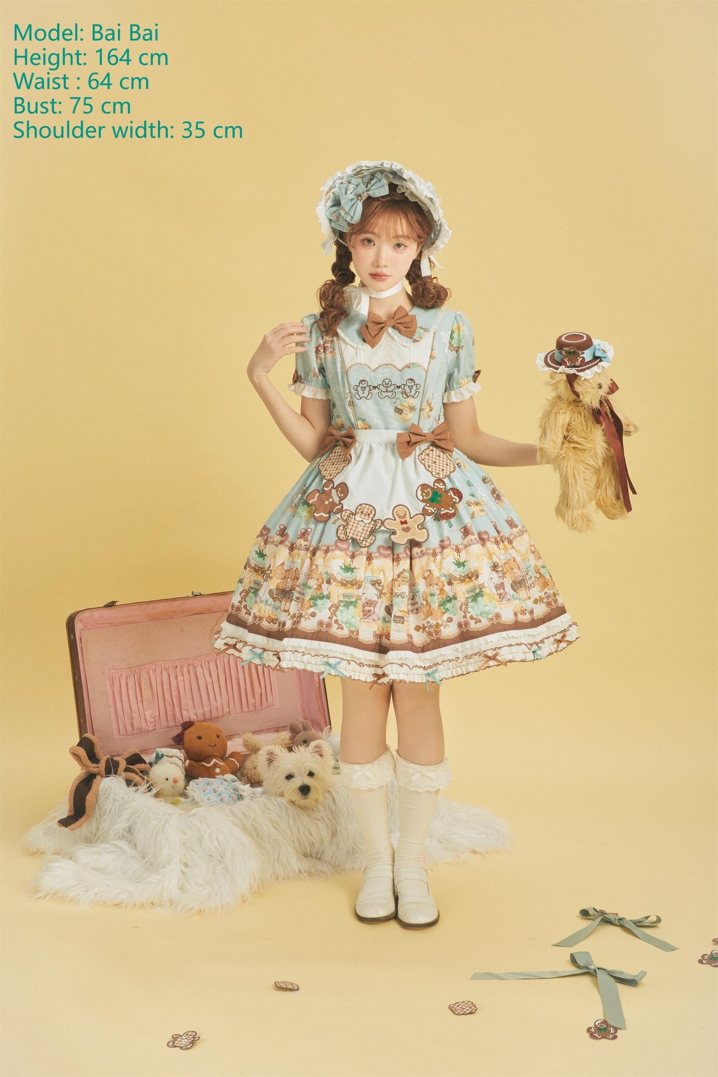 Babyblue - Little Bear Honey Jar - Kawaii Lolita Short Sleeve OP Gingerbread Man Embroidered Dress