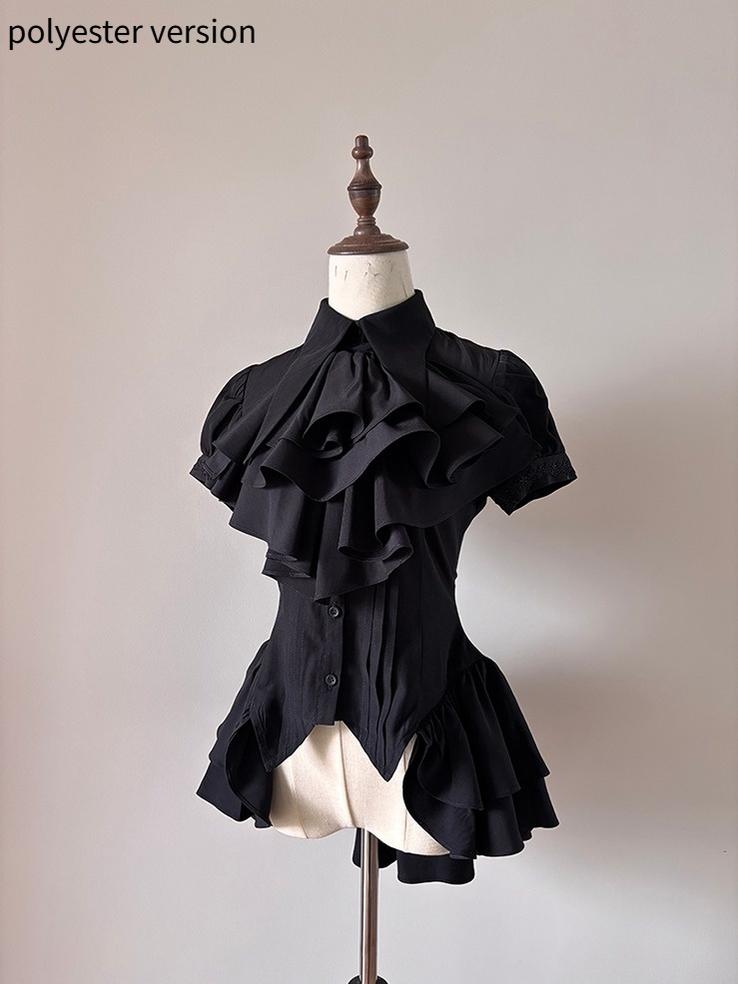 FlowerFairyDaily - Midnight Prayer - Solid Lolita Shirt with Flowing Tiered Back Hem