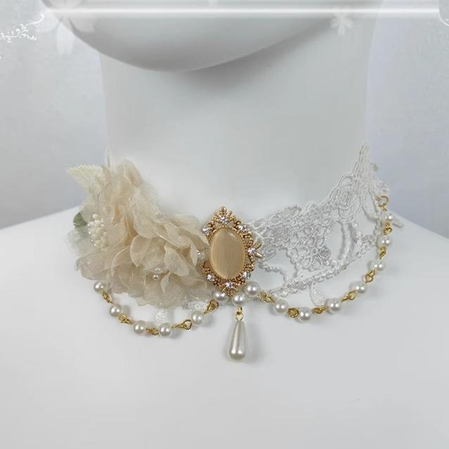 Cocoa Jam - Elegant Lolita Necklace Rose Gemstones and Pearl Necklace