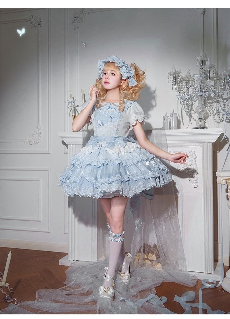 Honey Machine - Blue Whale - Sweet Lolita OP Suit Tiered Ruffle Dress with Shell Lace