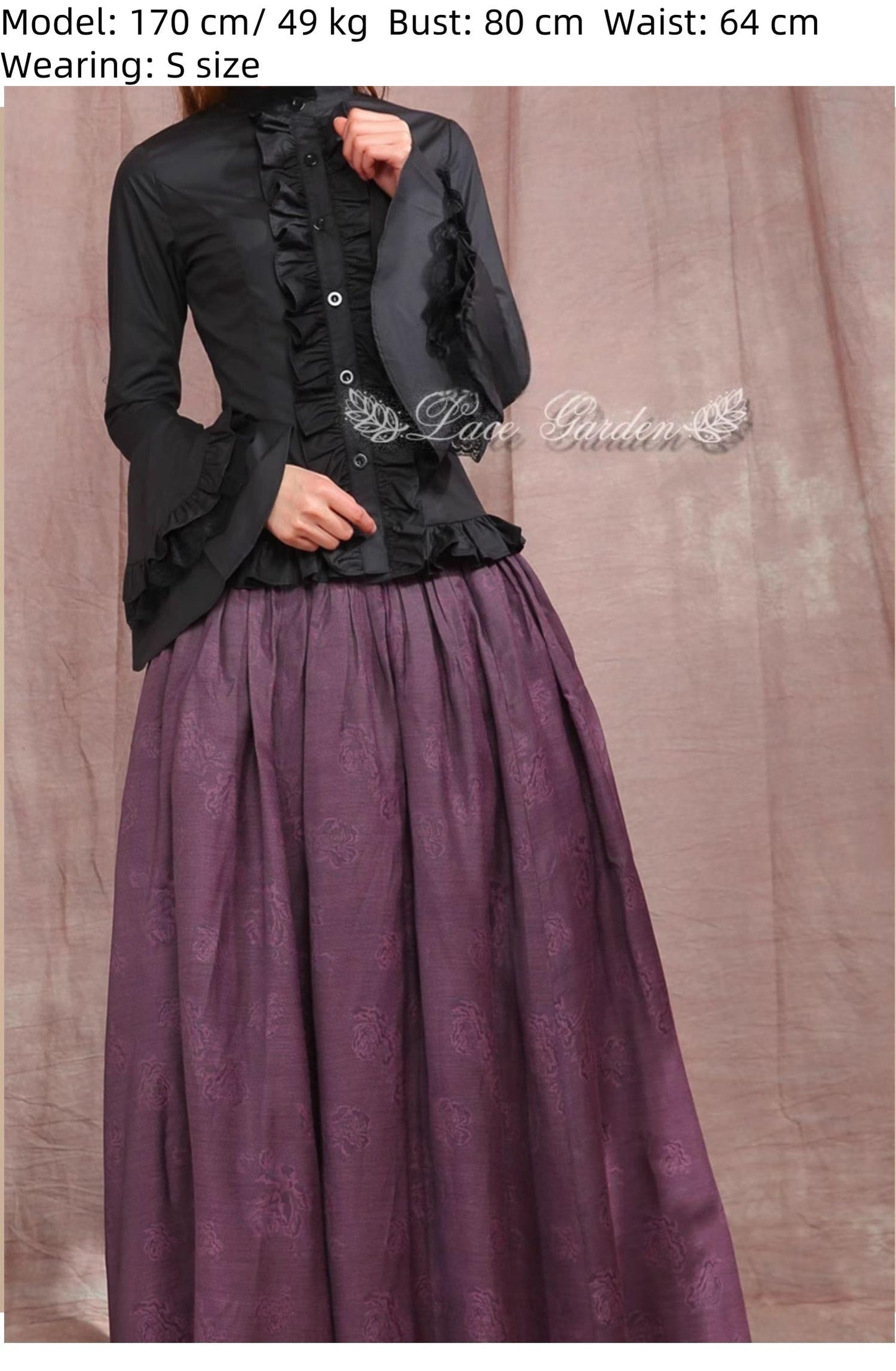 Lace Garden - Dark Angel - Gothic Lolita Shirt with Long Sleeve and Ruffled Long Tail