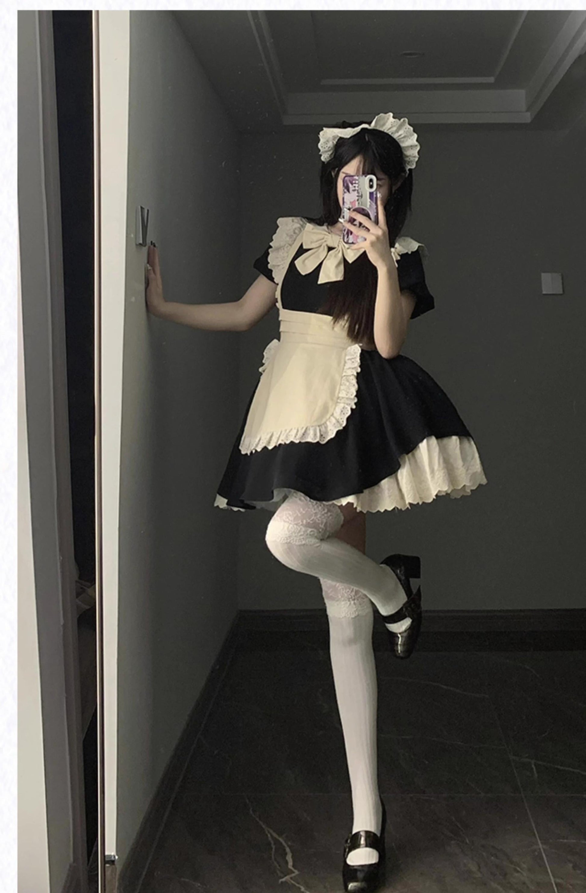 With PUJI - Kiss Kiss - Vintage Lolita OP Dress Maid Lolita Apron Dress