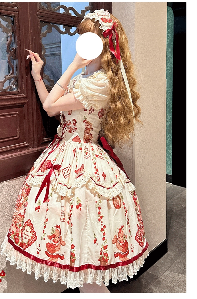 ZhiJinYuan - Strawberry Bear - Sweet Lolita Jumper Dress, Strawberry Bear Prints