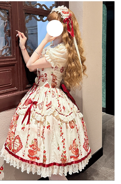 ZhiJinYuan - Strawberry Bear - Sweet Lolita Jumper Dress, Strawberry Bear Prints