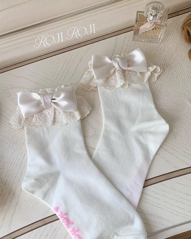Roji Roji - Cotton Lolita Socks Lace Bow White Socks