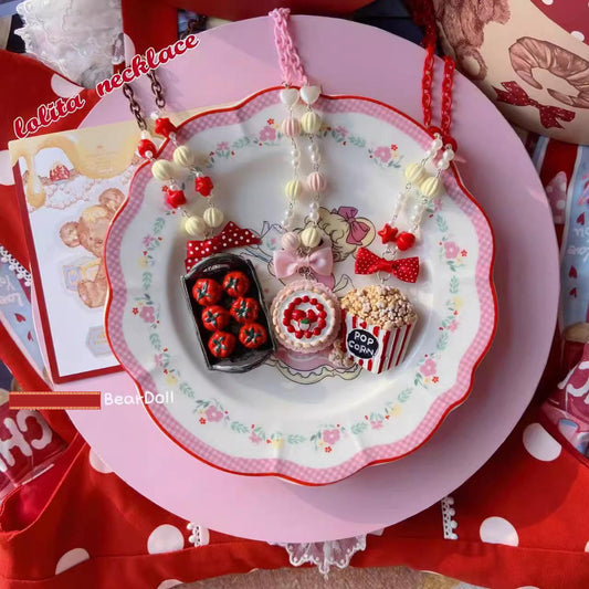 Bear Doll - Sweet Lolita Necklace Cute Beaded Cake Popcorn Tomato Shape Accessories