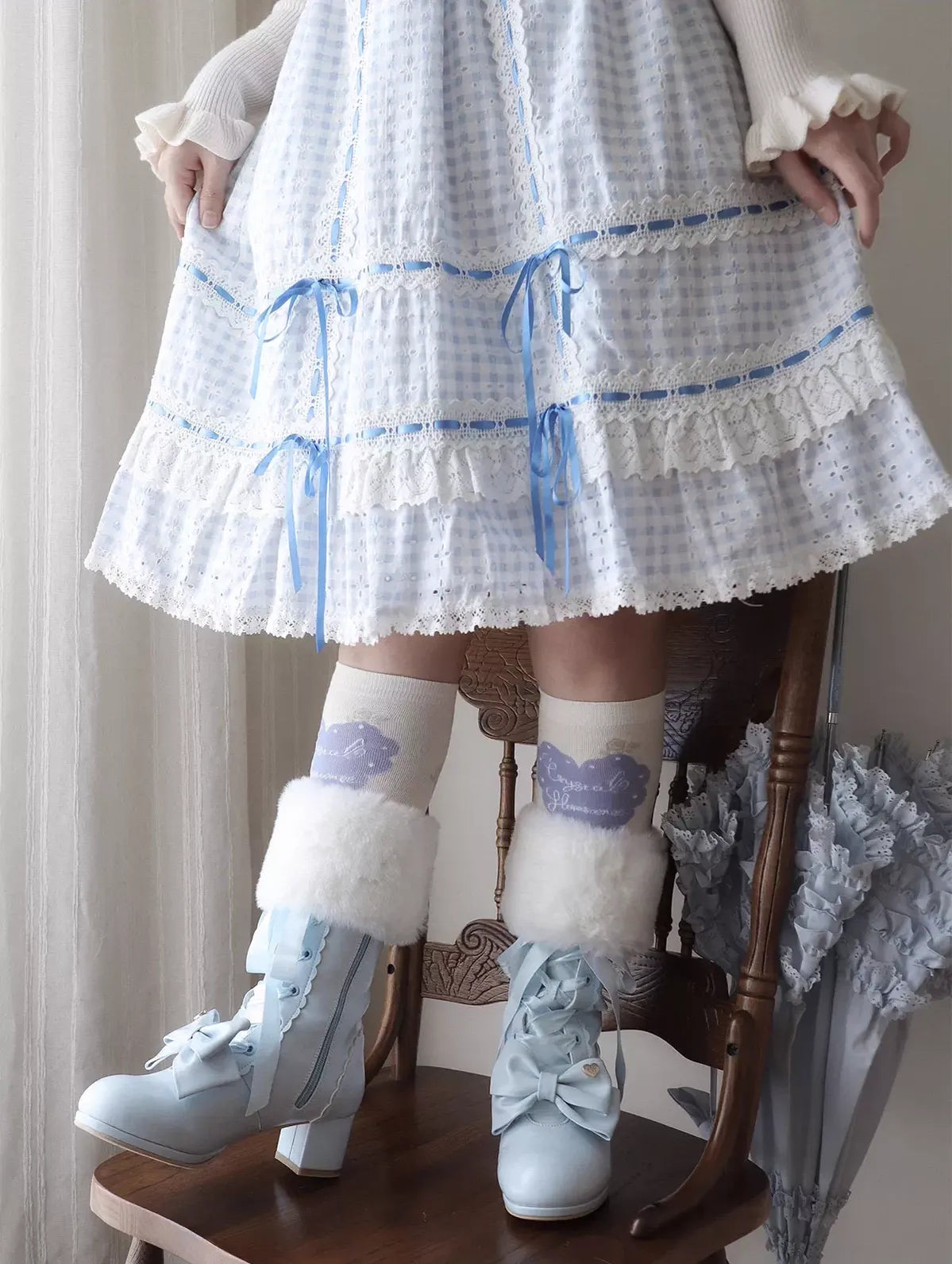Sheep Puff - Snowy Mochi - Kawaii Lolita Winter Boots, Detachable Fur Trim