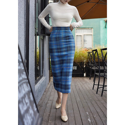 Blue indigo plaid wool tight skirt