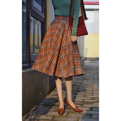 orange green plaid flare skirt