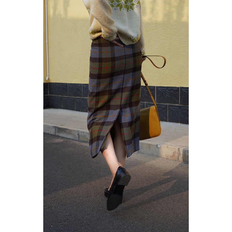 Ink green plaid wool tight skirt