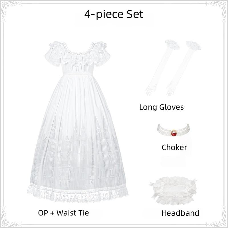 With PUJI - Dawn's Last Light - Castle Printed White Gothic Lolita OP, Two Length Styles