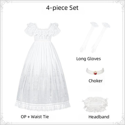 With PUJI - Dawn's Last Light - Castle Printed White Gothic Lolita OP, Two Length Styles