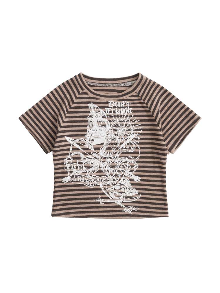 Confused Captain" Print Striped Short Sleeve T-Shirt【s0000008570】"