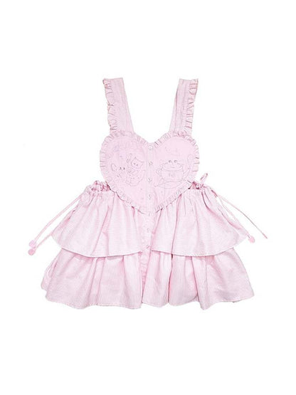 Cat Embroidery Drawstring Heart Layered Apron Dress【s0000007762】