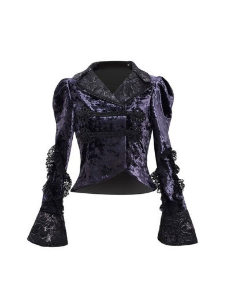 Gothic Velvet Lace Flower Lace Up Blouse【s0000003871】