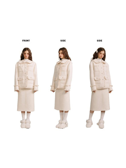 Wool Weave Lazy Bouquet Button Frills Jacket & Skirt【s0000003857】