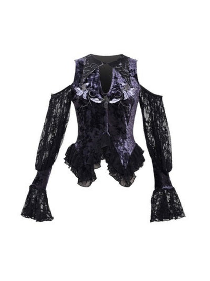 Gothic Velvet Open Shoulder Lace Flower Blouse【s0000003868】