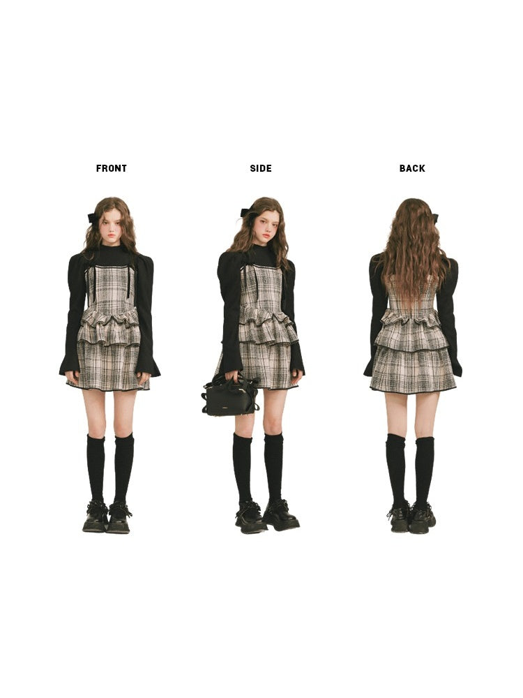 Plaid Cake Skirt Faux Two Piece Dress【s0000003859】