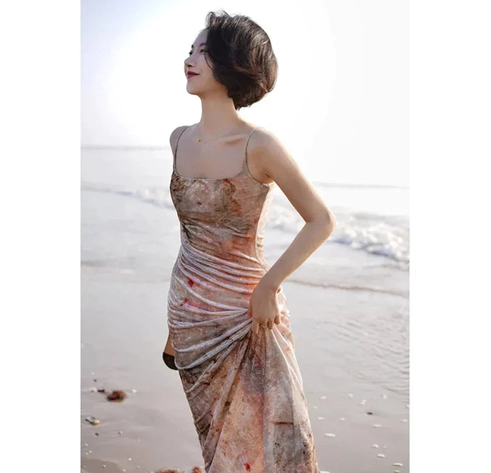 Marble pattern velvet strap dress