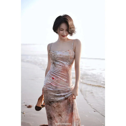 Marble pattern velvet strap dress