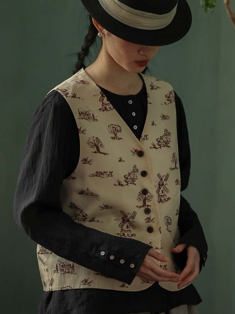 Retro Print V-Neck Vest【s0000006912】