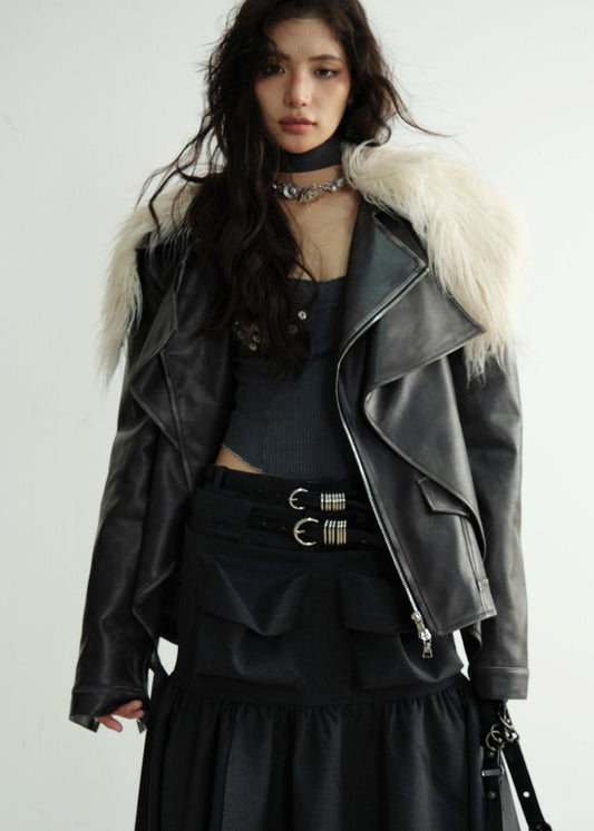 Dark Retro Rock Long Fur Collar Jacket