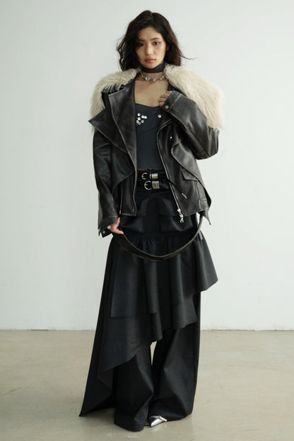Dark Retro Rock Long Fur Collar Jacket