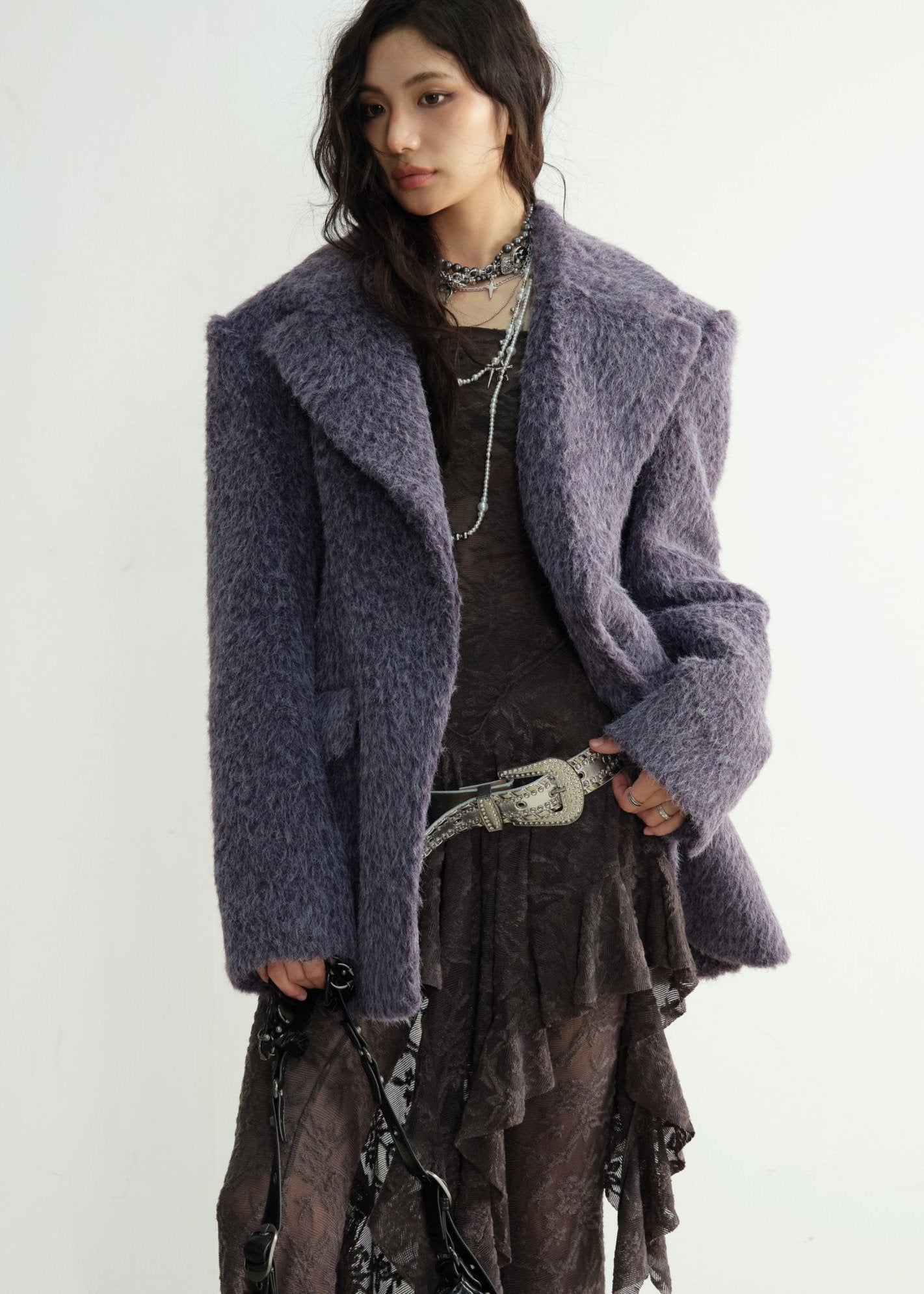 Dark Grey Tweed Wide-Shoulder Blazer