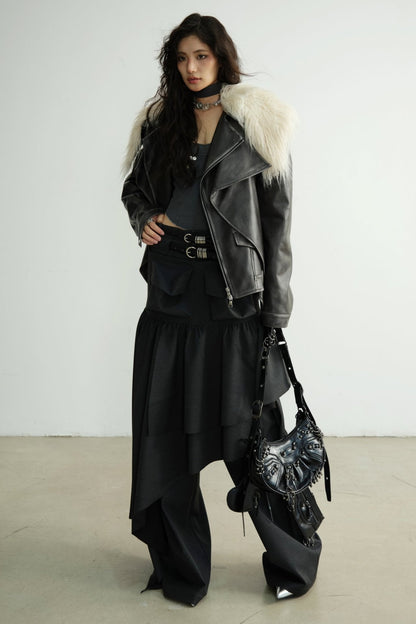 Dark Retro Rock Long Fur Collar Jacket