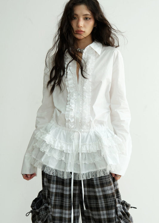 White Lace Tie-Waist Long Shirt