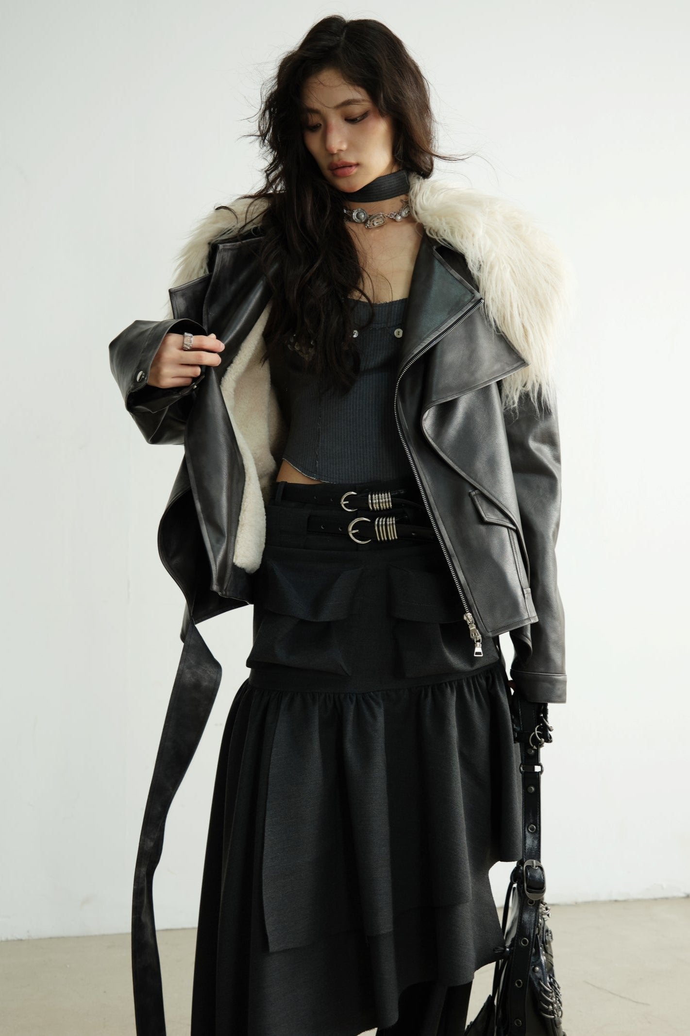 Dark Retro Rock Long Fur Collar Jacket