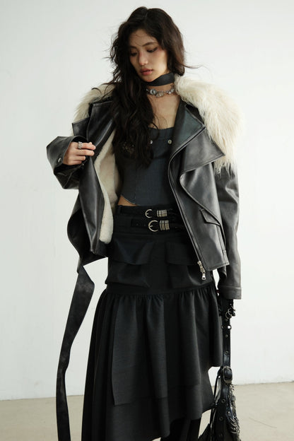 Dark Retro Rock Long Fur Collar Jacket