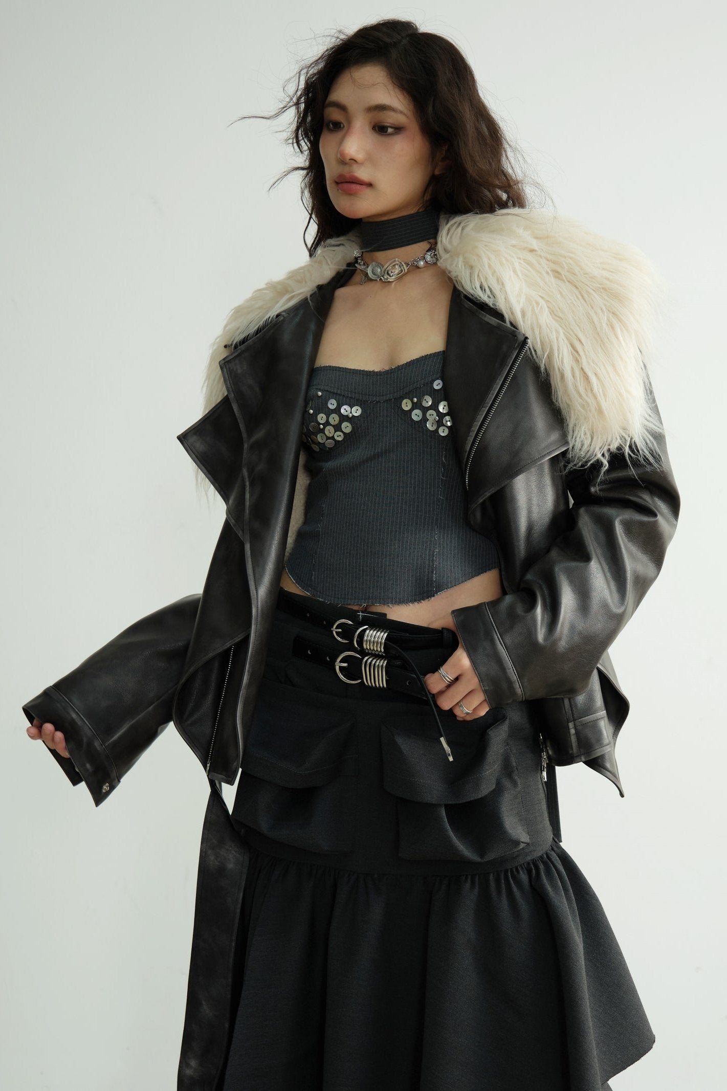 Dark Retro Rock Long Fur Collar Jacket