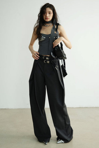 Restrained Pleated Casual Pants With Skirt Set-Up