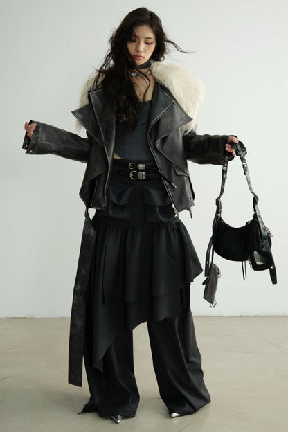 Dark Retro Rock Long Fur Collar Jacket