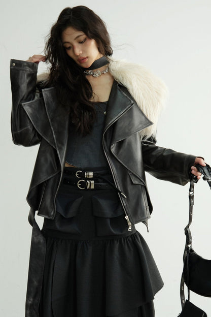 Dark Retro Rock Long Fur Collar Jacket