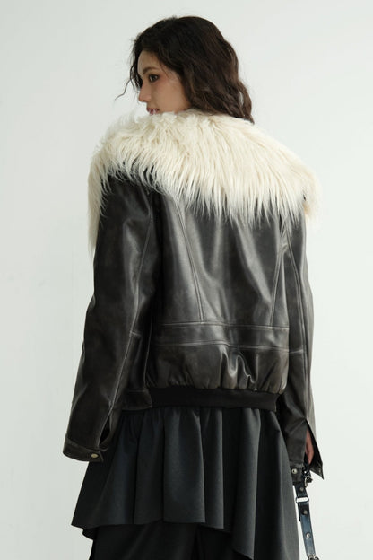 Dark Retro Rock Long Fur Collar Jacket