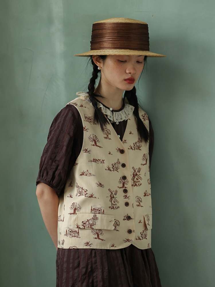 Retro Print V-Neck Vest【s0000006912】