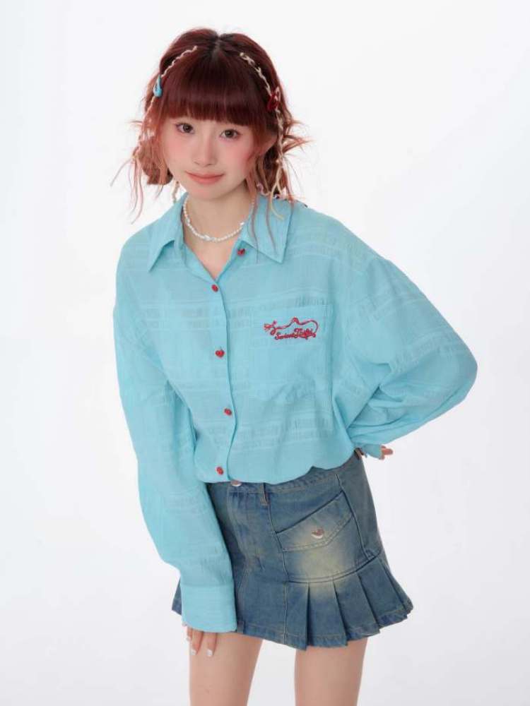 Heart Button Logo Embroidery Semi-Sheer Shirt【s0000007144】